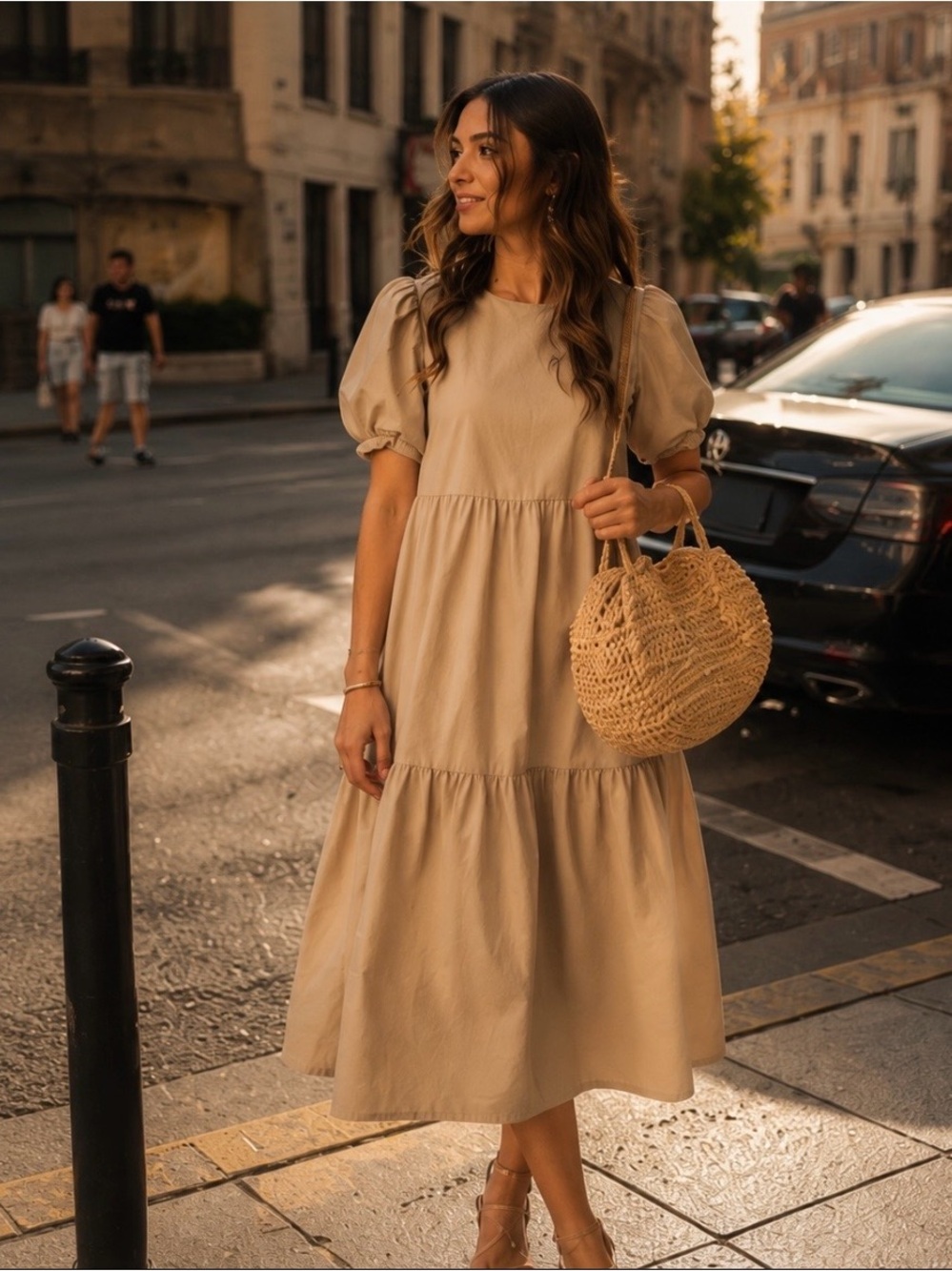 Zara Camel Tan Poplin Tiered Midi Dress Puff Sleeve Asymmetric Hem Pockets S - Picture 2 of 16